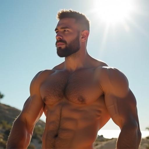 Bright sunlight showcases a muscular man wearing only white briefs. Strong physique with noticeable hair and body definition. Outdoor setting brings focus to his bulging muscles.