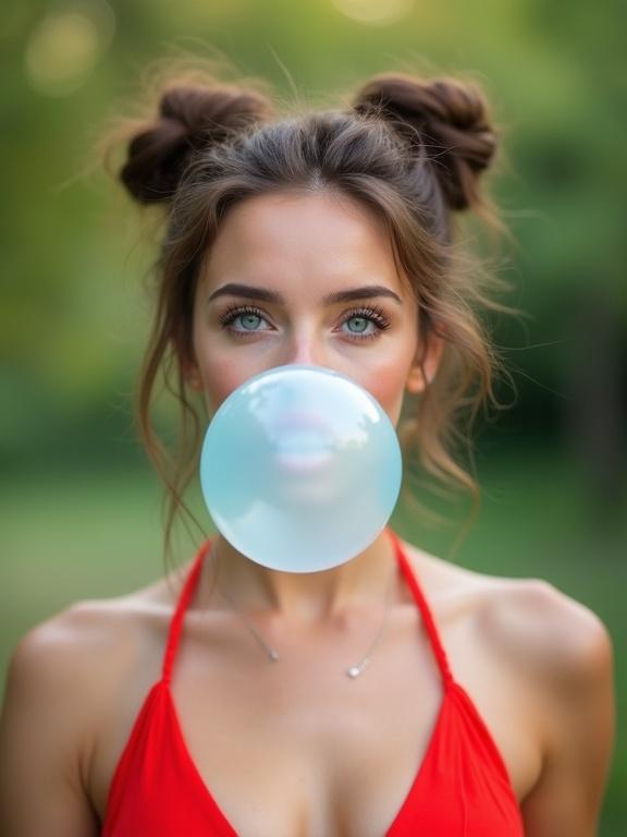 Photograph of a woman blowing a large bubblegum bubble. Woman has a fair complexion and light blush. Light blue eyes and thick eyebrows. Hair styled in messy buns. Wearing a bright red bikini top. Background is blurred with green foliage. Soft natural light. Focus on woman's face with expression of amusement and joy.