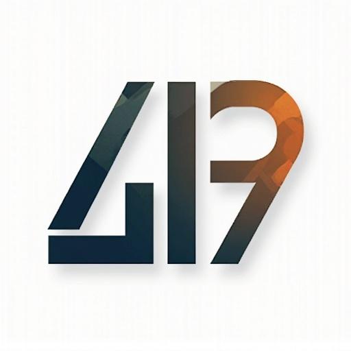 Simple logo design featuring numbers 4 and 7. Abstract shapes artistically arranged. Clean and modern style with blue and orange colors. Suitable for branding and marketing.