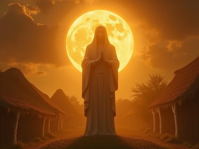 A statue of Enoch stands in a village. The statue glows under a large full moon. A symbol of a pure heart can be seen above. The scene uses golden tones and a symbolic style.