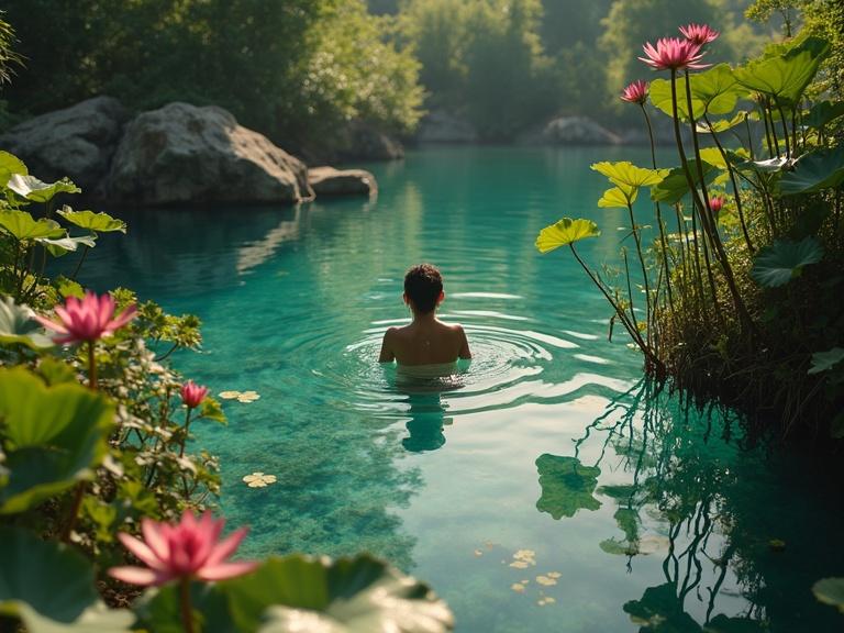 Serene lake surrounded by vibrant lotuses and water grass. Sunlight filters through leaves illuminating woman swimming gracefully among rocks and roots. Scene captured in high detail emphasizing natural beauty.