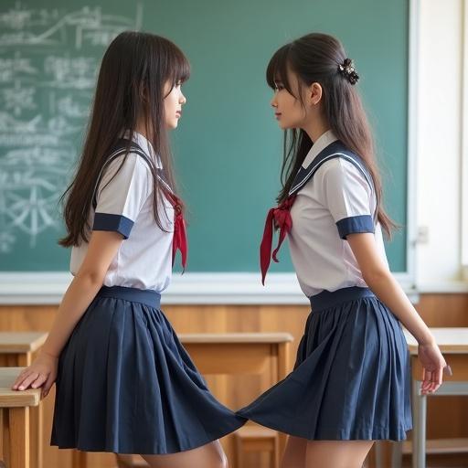 Two Japanese girls in school uniforms stand face to face in a classroom. Their skirts are lifted slightly.