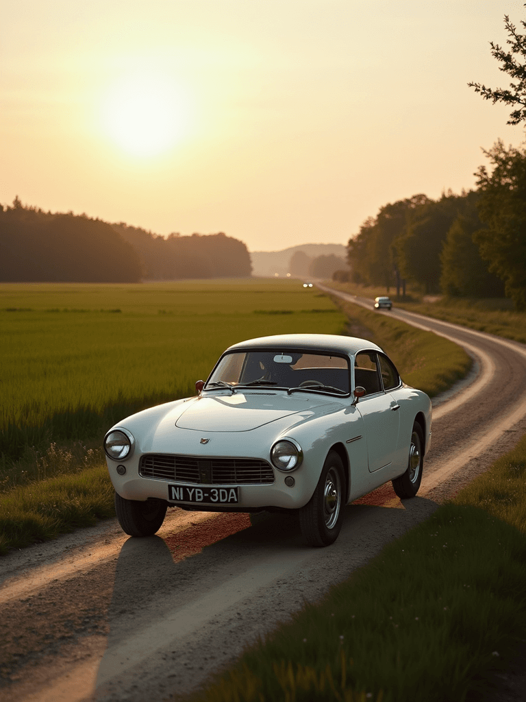 A vintage white car parked on a countryside road during sunset with a scenic background.