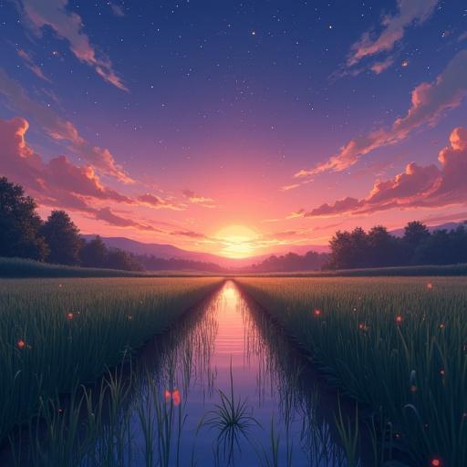 Viral anime nature wallpaper in 4K quality with a serene rice field at dusk. The sky displays a soft gradient of orange and purple. Fireflies hover above the water. A warm nostalgic color temperature is observed. The cosmos is illuminated with twinkling stars. The atmosphere feels tranquil and dreamy, in the style of photography through a 35mm lens without human characters.