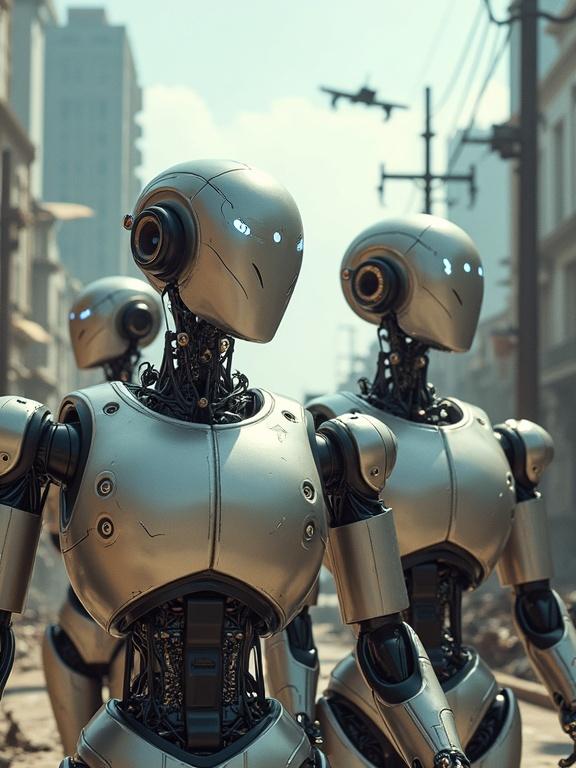 A scene depicting robots in a ruined city. Robots have shiny metallic bodies and expressive LED faces. They hold signs advocating for robot rights. The background features bombed buildings and fallen electric posts. The angle is cinematic, capturing the emotion of their protest.