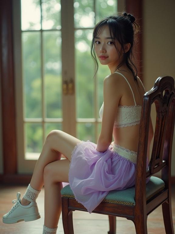A petite short girl poses in a feudal garden. Sitting on a chair, she wears a light purple mini skirt and cream bra. Her hair is wet and tied. She has sky-blue eyes and a soft smile. The image has a nostalgic vibe; it is slightly overexposed with visible film grain.
