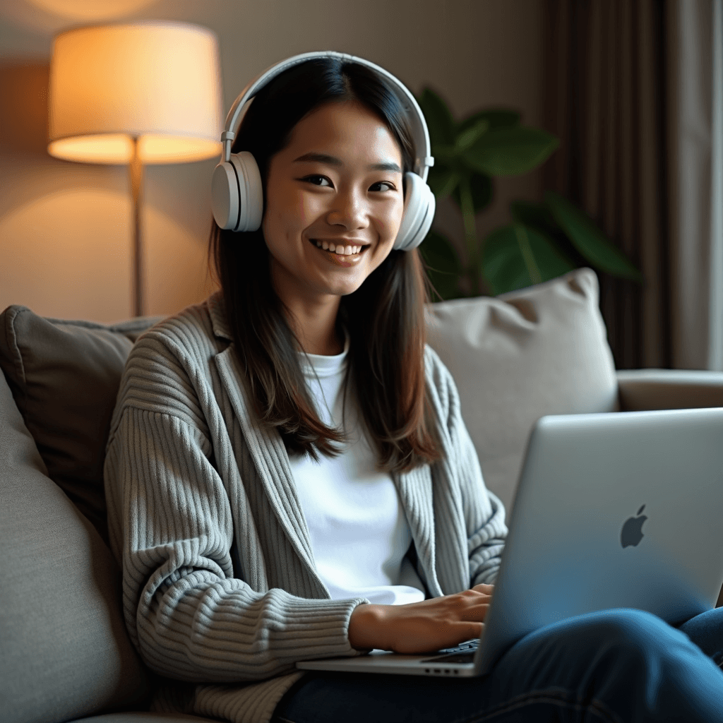 A person sits comfortably on a sofa, smiling while using a laptop, wearing headphones and casual attire, with a warm lamp illuminating the cozy room.