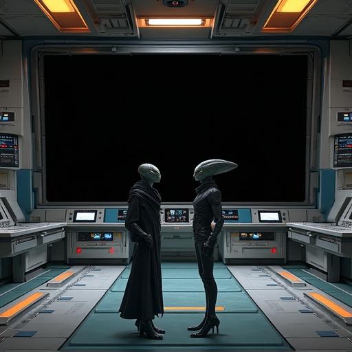 Two aliens stand in a futuristic control room of a starship. They focus on a large black viewing screen. The area contains advanced monitoring tools and technology.