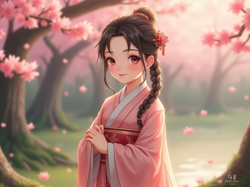 The image features a young girl standing gracefully in a serene outdoor setting. She wears a beautiful traditional outfit adorned with intricate patterns. Cherry blossom trees surround her, their delicate pink petals gently falling around her. Her hair is styled elegantly with a decorative accessory, enhancing her charm. The soft lighting creates a dreamy atmosphere, making the scene feel tranquil and inviting. This artwork captures a sense of peace and beauty, embodying the essence of spring in a culturally rich context.