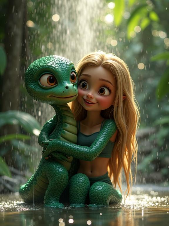 A jungle scene featuring a Slavic blonde girl and a lime green serpent-like alien. Both are smiling under a waterfall. Water cascades around them. The jungle is filled with vibrant plants. Natural sunlight creates a magical atmosphere. The girl is in a playful pose with the serpent-like alien. They look happy and content.
