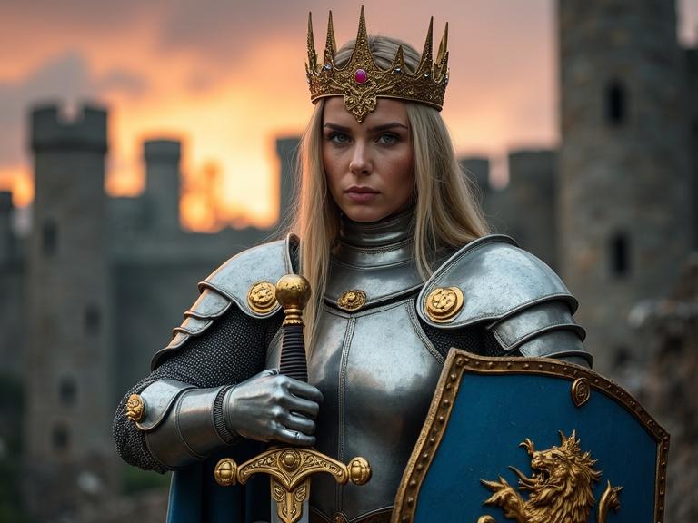 Portrait of a strong 24-year-old Scandinavian queen and knight. Wearing silver plate armor with golden details. Long blonde hair covered by a golden crown with gemstones. Intense blue eyes. One hand on sword pommel and the other holding a shield with a lion. Gothic castle in the background at dawn with stormy skies. Skeletons surround her adding darkness. Dramatic lighting highlights the armor.