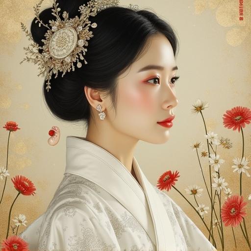 Beautiful Asian woman clad in traditional white attire. She has a delicate hairstyle decorated with accessories. Background features flowers with a gold accent. The image evokes elegance and history.