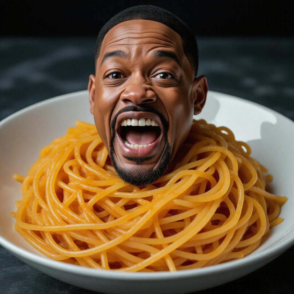 a bowl filled with spaghetti noodles housing a caricature face of a famous actor