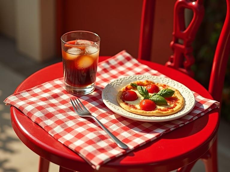 A Wes Anderson-inspired scene features a red iron table with a checkered tablecloth. A glass with a fizzy dark drink stands alongside a white plate. The plate holds a margherita pizza with cherry tomatoes and basil. The image captures this vibrant arrangement at eye level, using a Leica M10 camera. Warm lighting enhances the details.