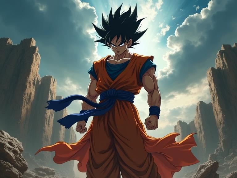 Full body view of a legendary superhero. Iconic character with iconic hairstyle in dramatic lighting. Orange outfit and blue accents. Surrounded by a wide landscape of towering rock formations. Intense action pose suggesting power and determination.
