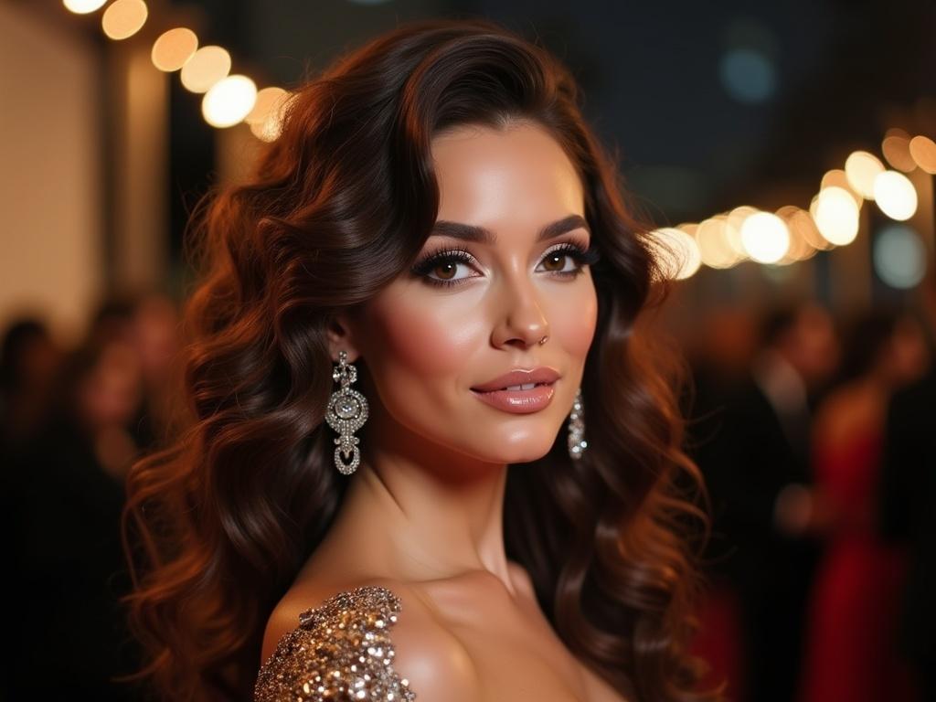 A woman with curly hair styled elegantly, wearing glamorous makeup, poses at an evening event. She is dressed in a chic outfit that catches the light beautifully, with her hair framing her face in soft curls. The setting features ambient lighting, enhancing her radiant look and the highlights of her attire. Details like sparkling jewelry and a sophisticated background add to the overall elegance of the scene.