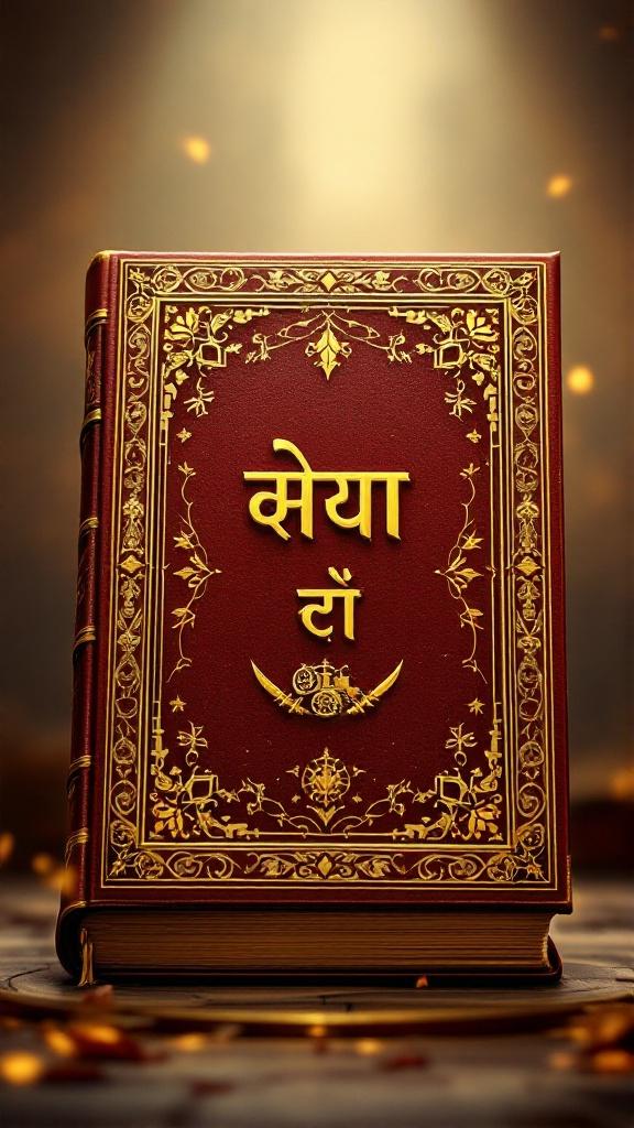 A detailed 3D rendering of an ancient-looking book with ornate design. The cover is deep red with gold patterns. 'महाभारत' is embossed in gold. Below the title, there are crossed swords and a chariot wheel. The spine has the same design. The book has thick pages with golden edges. The background has warm light. The atmosphere is cinematic and reverent.