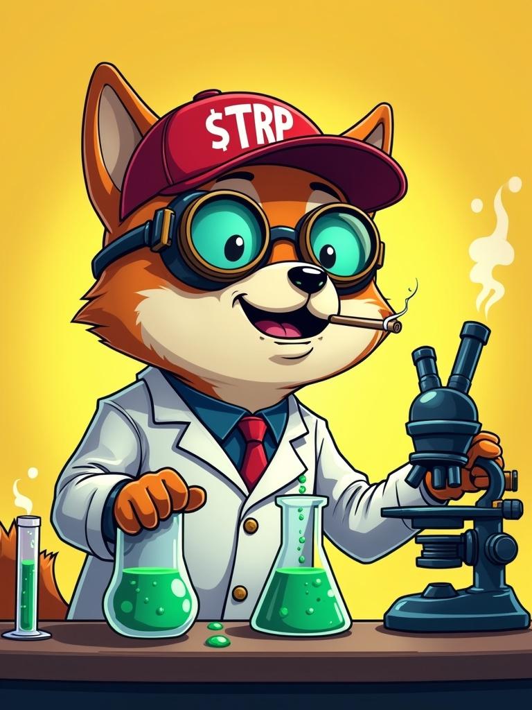 Cartoon illustration of an anthropomorphic Shiba dog in lab attire. Dog wears steampunk goggles and a $TRP cap. The character mixes green liquid in test tubes. A microscope and beakers with green serum are present. Background is yellow and vibrant.