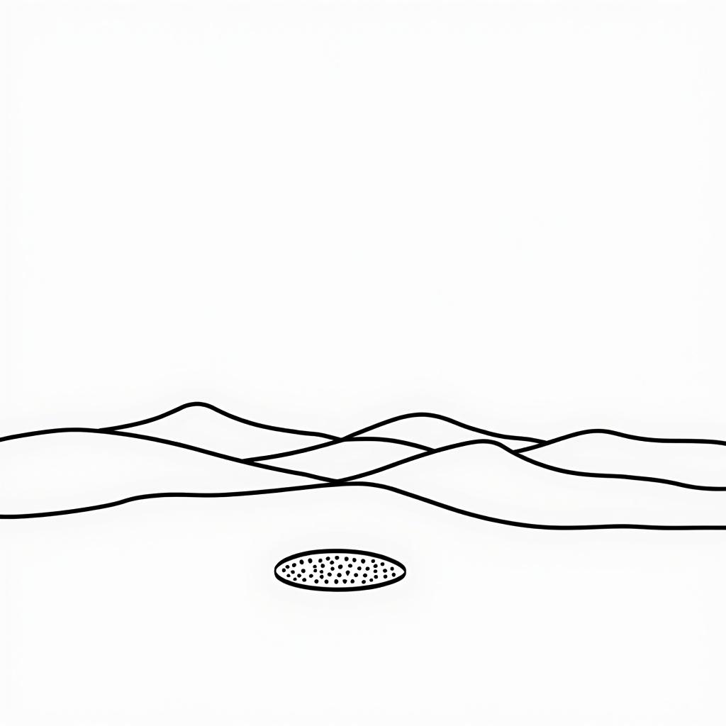 This image showcases a minimalist abstract design characterized by black curved lines on a white background. The lines create a representation of a lunar desert landscape, including a central oval-shaped crater. The simplicity of the composition evokes a sense of calm and tranquility. The lack of intricate detail emphasizes the beauty found in minimalism. This piece can be interpreted in various ways and could serve as an interesting focal point in a room or on a webpage.