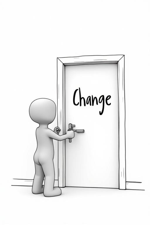 Stick figure reaches for a door labeled Change. Key concept is small habits leading to significant transformation. Clean, black-and-white illustration style resembling Rico Animation with bold outlines.