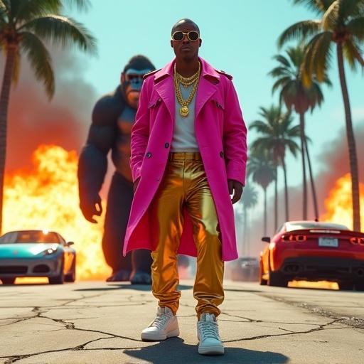 Wide street scene featuring a confident character in a pink trench coat with gold pants. A large gorilla in streetwear is rushing in the background. The background shows exploding cars and flying debris. Palm trees line the street under bright sunlight.