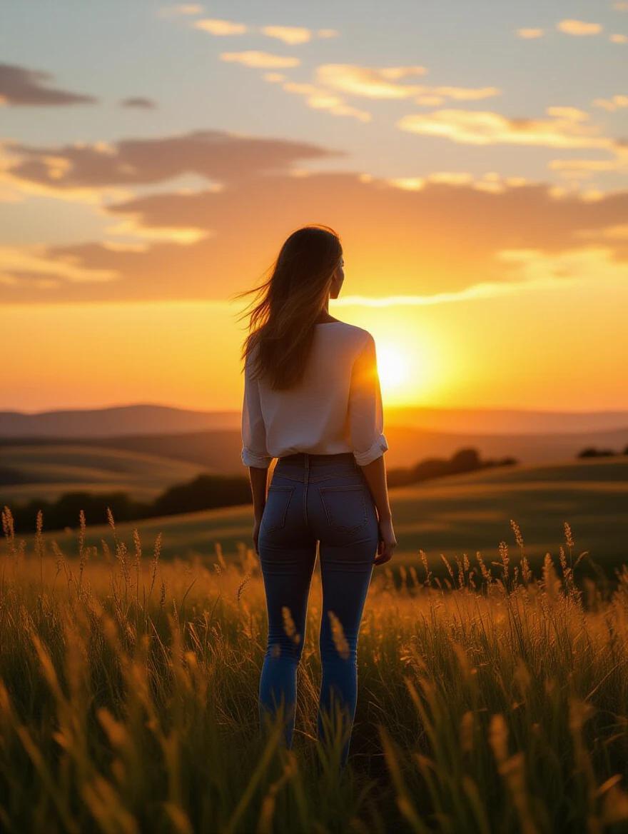 Woman standing confidently in a field looking at the horizon during golden hour. Silhouette against a beautiful sunset sky. Inspirational pose in a cinematic wide shot. Warm color grading creates a motivational atmosphere.