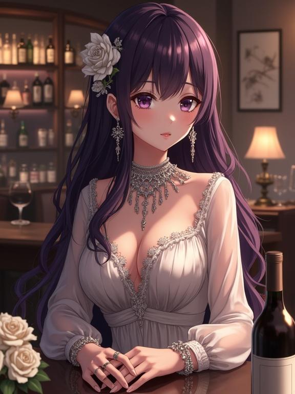 Image features an anime woman with long dark violet hair and large expressive eyes. She wears an off-white dress with lace details and jewelry. The background shows an elegant bar with soft lighting and various bottles. A wine bottle and light-colored flowers are on her table. The atmosphere is romantic and intimate.