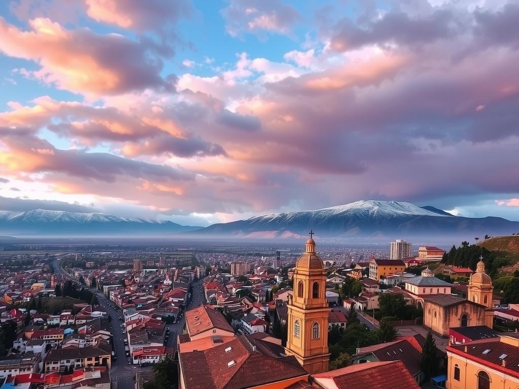 A cityscape with stunning pink and blue clouds over snow-capped mountains and historic buildings at sunset.