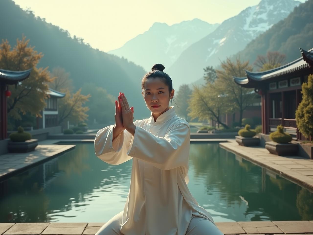 Aerial cinematic image. Full body framing. A performer engages in a graceful Tai Chi Chuan sequence in a tranquil Chinese garden, embodying the practice's beauty and serenity. The performer faces directly to the camera, showcasing the global reach of Tai Chi. It is early morning, with snow visible on the distant mountains. The scene captures a hyper-realistic style, shot on an Arriflex camera.