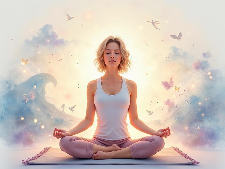 Woman in early 40s practicing mindfulness. Sits cross-legged on a mat. Eyes closed, hands on knees in a meditative pose. Surrounded by abstract calm elements. Soft waves, glowing threads, light orbs. Body glows with warmth. Dreamlike background with nature and yoga icons. Art style is surreal realism with watercolor textures in pastel tones. Expression is peaceful and empowered.