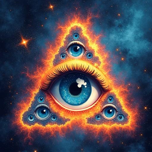 Vibrant and bold artwork depicting a stylized fractal eye. Multiple smaller eyes arranged in a triangular structure. Each triangle contains an eye. Set against a swirling cosmic background. Nebulae in deep blue, fiery orange, and bright yellow. Scattered stars and subtle anime-inspired rendering style.