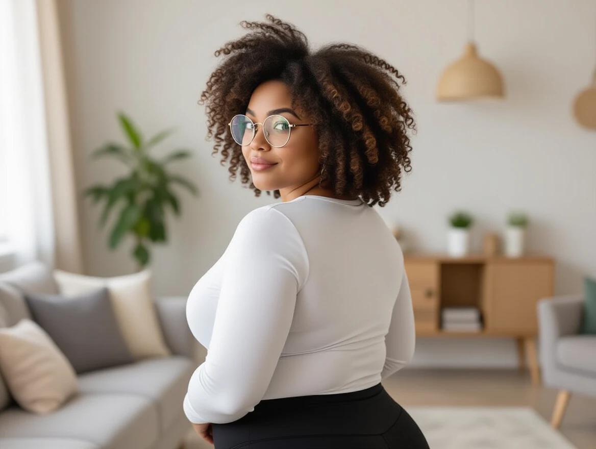 Portly cute young woman with curly brown hair and round eyeglasses in a living room. She wears form fitting black leggings and looks back at the viewer. Full body shot with high photo quality.