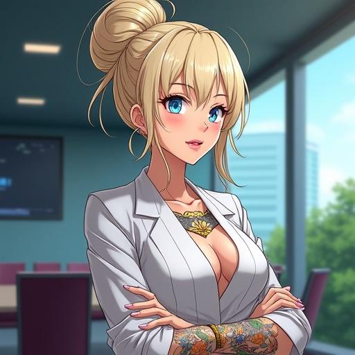 Anime character in a modern boardroom. Woman with light blonde hair in a high bun. Frosted blue eyes. Professional pinstriped dress. Futuristic and tech-inspired aesthetics. Traditional Japanese tattoos visible. Part-time leader in a business meeting. Bright morning atmosphere.