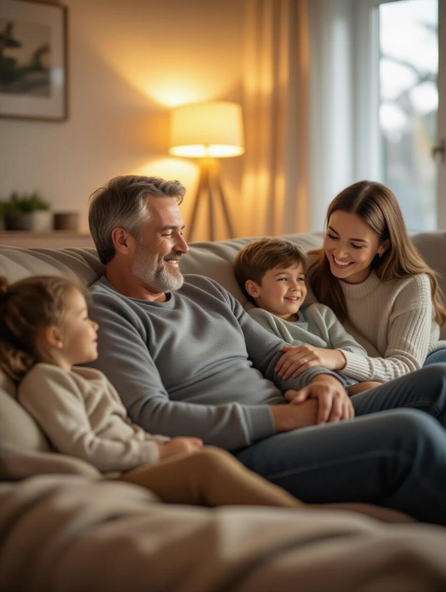 Father and children sitting on couch in a living room. Soft lighting creates warm atmosphere. Family interacts naturally with smiles and laughter. Photorealistic with emphasis on emotional moments. Cozy and inviting setting.