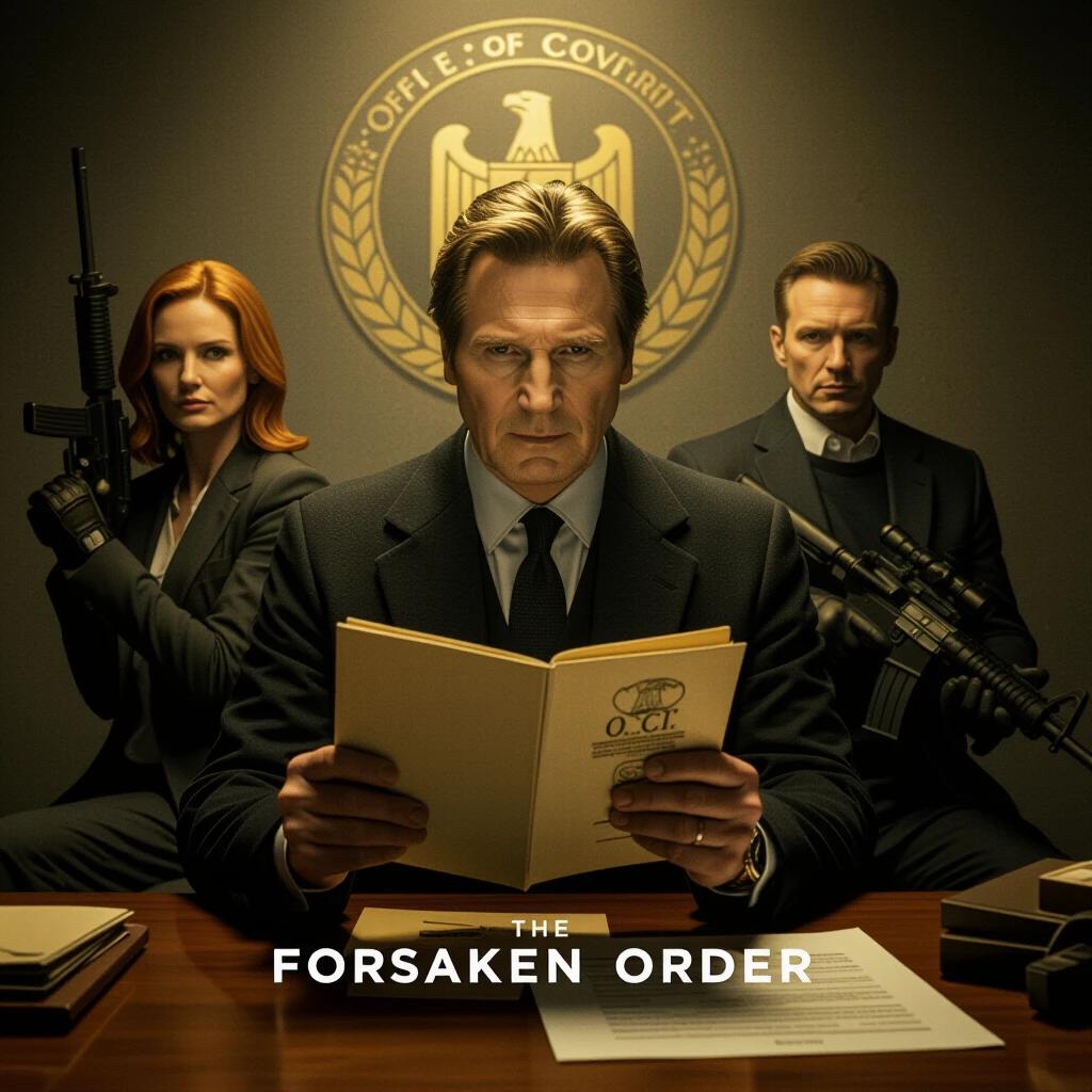 A movie poster depicting a tense moment in a spy thriller. An intelligence officer reads a dossier under an emblem representing a covert agency. Two armed figures stand behind him, showcasing suspicion and readiness. The overall tone suggests secrecy and danger.