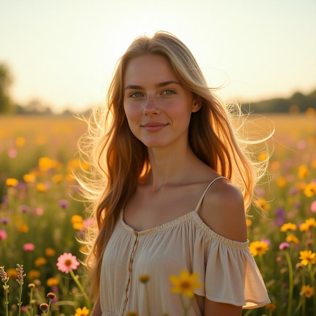 A young woman stands in a wildflower field during golden hour. She has long, flowing hair and wears a light beige off-shoulder top. Flowers of various colors surround her, creating a serene atmosphere.