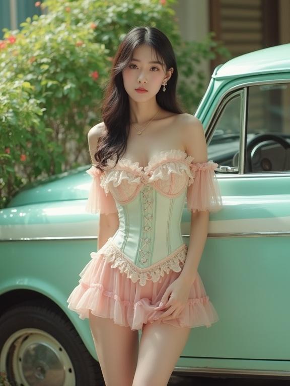 Full body shot of a lady in a pastel-colored frilly outfit. She is crawling on the side of a car, facing the camera in a car exhibition. The outfit has a corset top, lace, frills, sweetheart neckline, and off-the-shoulder design. Her hair is tied, showing a serene expression. The scene has greenery with soft lighting.