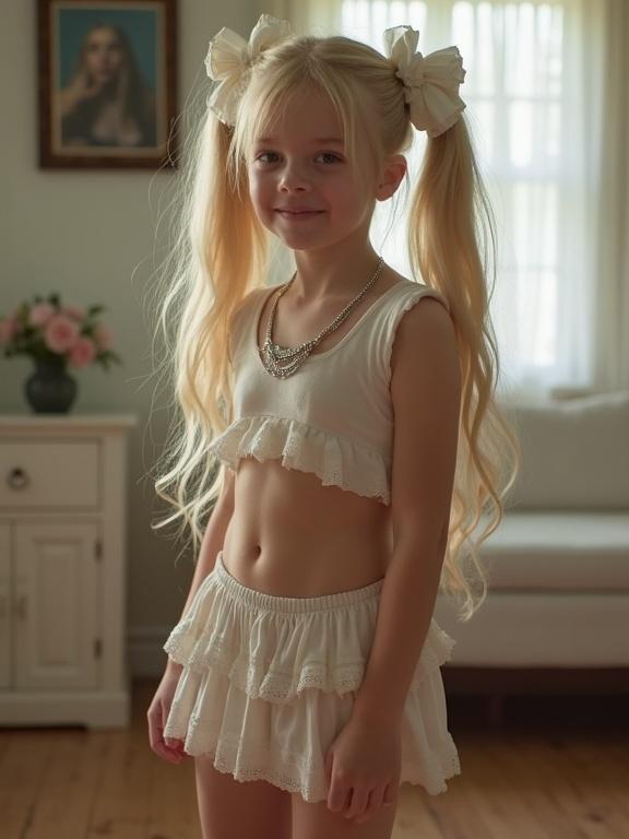 Young girl with long blonde hair styled in twin tails wearing a crop top and micro skirt in a living room. She smiles and has bows in her hair. Soft natural light enhances the innocent vibe of the scene.