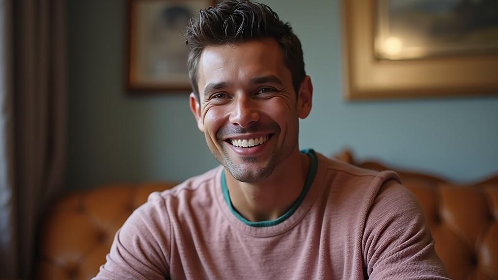 A man with a warm smile sits on a brown leather sofa, creating an inviting and friendly atmosphere. The background is softly blurred, highlighting framed artwork and a muted color palette that complements his casual attire. The lighting adds warmth and brings out the richness of the ambient tones.