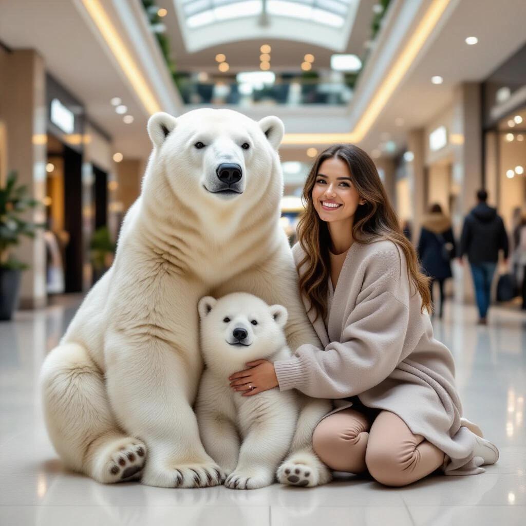 Realistic scene of a polar bear cub with its parents inside a shopping mall. A woman interacts with the bears. The mall environment is modern and well-lit. The family of bears looks soft and fluffy. The setting is peaceful and welcoming.