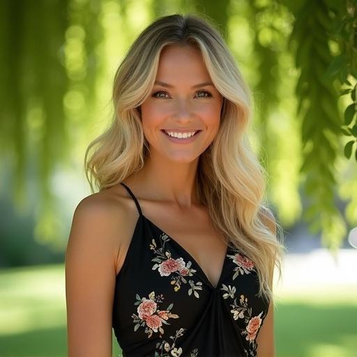 Focus on a woman with long wavy blonde hair styled naturally. Radiates a cheerful vibe. She wears a black dress with a delicate floral pattern. Bright green backdrop contrasts beautifully. Composition centers her in an idyllic outdoor setting with hanging leaves creating a natural frame. Soft sunlight filters through the foliage.