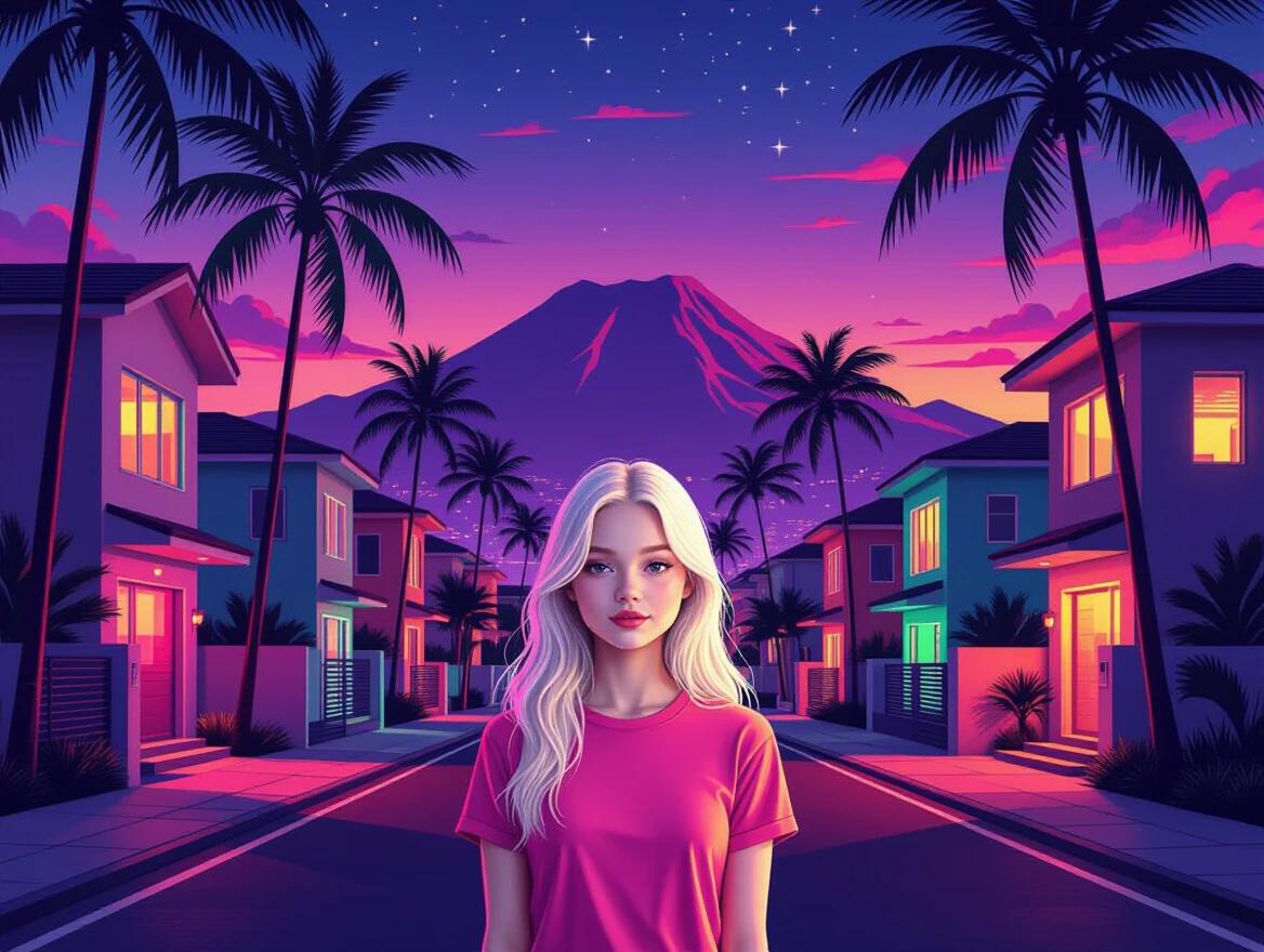 An urban street scene at twilight. Modern houses with neon lights in pink orange and green. A beautiful girl wears a tight pink t-shirt stands happily. Tropical palm trees sway. A distant purple mountain range under a clear evening sky. The atmosphere is lively and colorful.