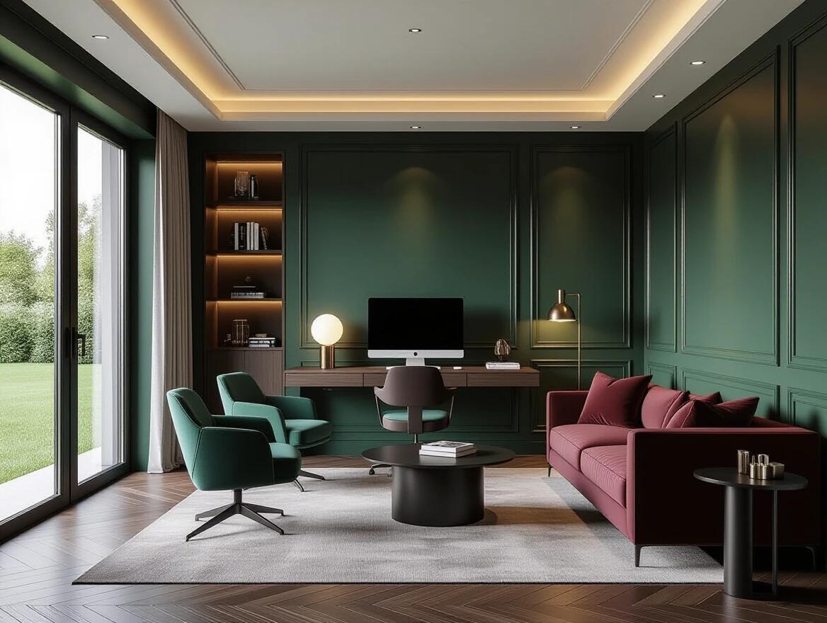 Luxurious ground-floor interior room with a creative atmosphere. Elegant textured walls surround the space. Detailed recessed ceiling features layered trims and soft indirect LED cove lighting. Floor-to-ceiling design with rich materials in deep emerald and charcoal tones. Warm walnut wood flooring. Large window on the left reveals a green lawn. Soft natural sunlight fills the room. PC desk setup with a modern monitor and ergonomic chair as the centerpiece. Premium designer sofa upholstered in deep velvet on the right. Cozy bean bag in warm neutral tones nearby. Elegant decor includes stacked art books, a sculptural ceramic piece, and a small indoor plant. Soft textured floor rug under the seating area. Burnished brass accents. Ambient light reflections creating a calm, upscale studio aesthetic.