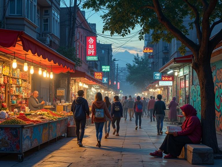 Vibrant immigrant neighborhood at dusk. Street alive with sights, sounds, smells of diverse cultures. Market stall sells colorful spices, fresh produce, handmade textiles. Food cart emits steam from cooking traditional dishes. Group of teenagers in streetwear dances, blending hip-hop and traditional steps. Elderly woman weaves a basket under a tree, chatting with a neighbor. Graffiti art covers walls, depicting unity and resistance. Neon signs in multiple languages. Young girl in hijab reads on a bench, oblivious to the world.
