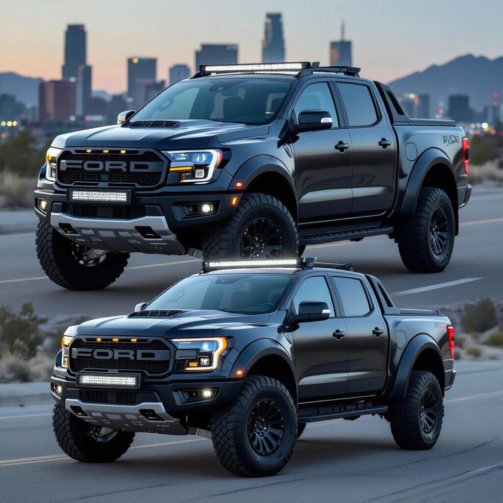 Ford Ranger Raptor styled as KITT from Knight Rider showcases strength and performance. The vehicle is set against a city skyline at dusk. It features sleek lines and impressive modifications that enhance its off-road capabilities.
