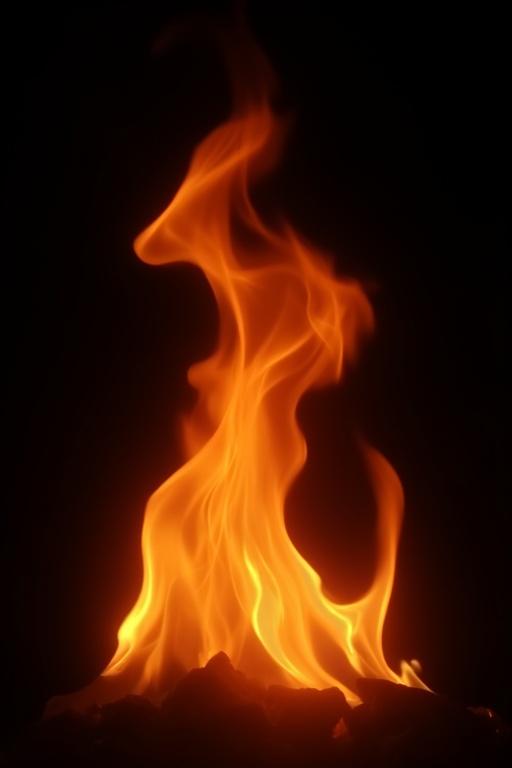 Image of bright flames rising from black background. Flames have an abstract and artistic appearance. The glowing fire displays shades of orange and yellow. The contrast between light and dark emphasizes the vividness of the flames.