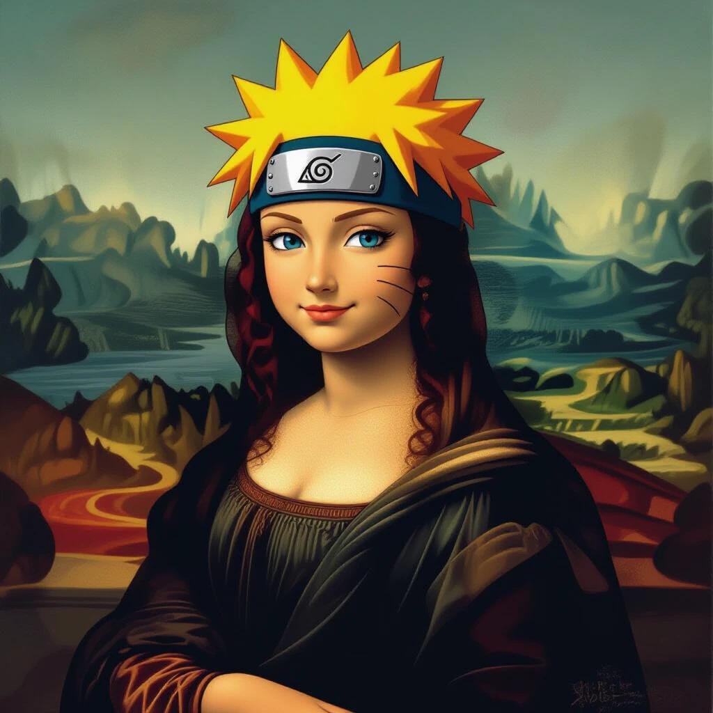 Mona Lisa is transformed into an anime character. The character wears a headband associated with Naruto anime. The background resembles classic landscape painting with modern elements.