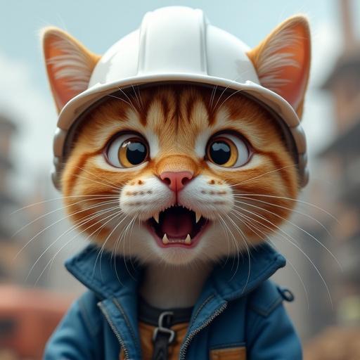 A semi-realistic cat wearing a white hard hat and blue work jacket. The cat shows surprise with wide open eyes and raised eyebrows. Mouth is open in shock. Fur is detailed with a construction site in the background. Genba Neko style.