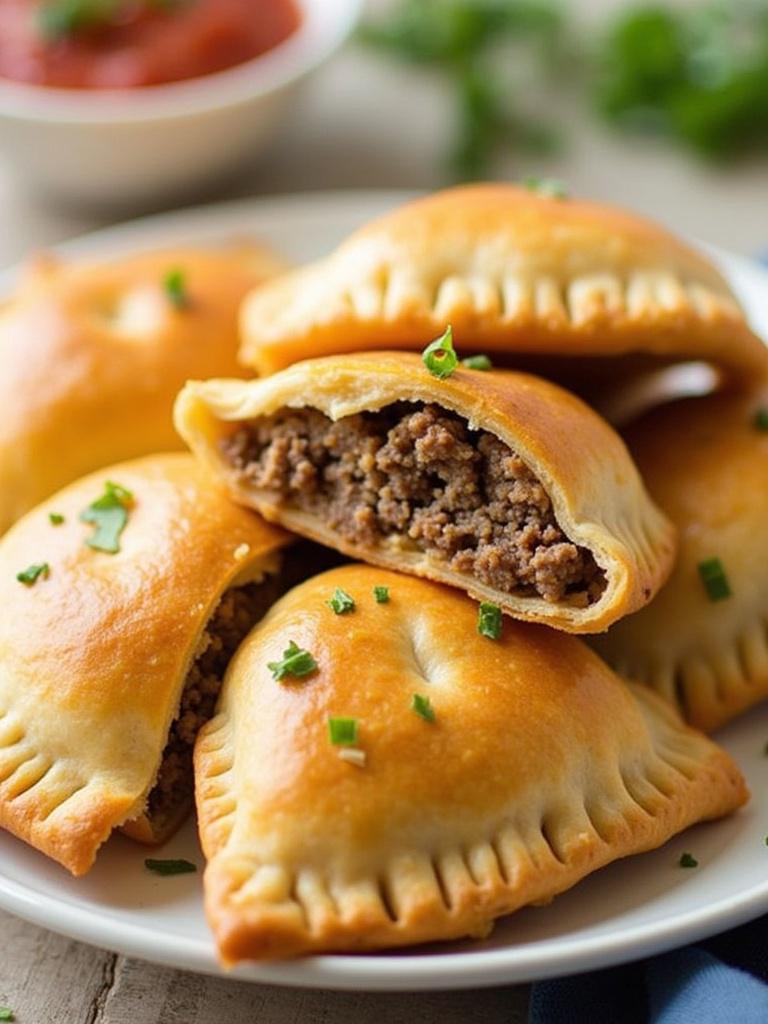 Flaky crusted savory lamb mince empanada gallega with golden brown color. Garnished with green herbs. Served with a side of red sauce on a plate. Ideal for gatherings and flavorful bites.