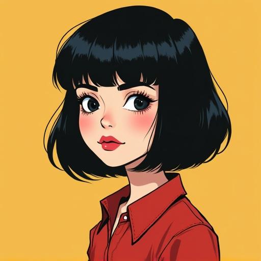 Illustration of a girl with black hair in a Ghibli style. She is wearing a red shirt on a yellow background.